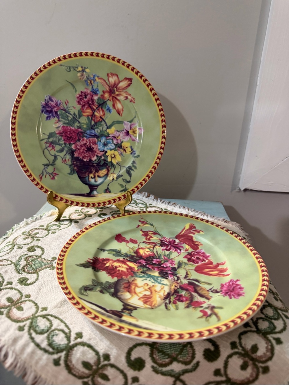 Vintage Limoges Decorative Floral Plates - Green Background
